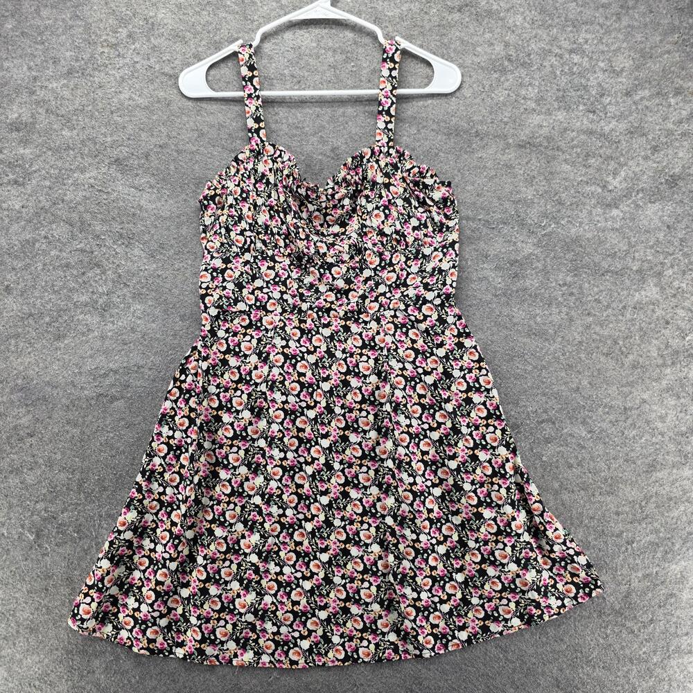 Trixxi Dress Womens XL Black Floral Sundress Smocked Strappy Short Sweetheart